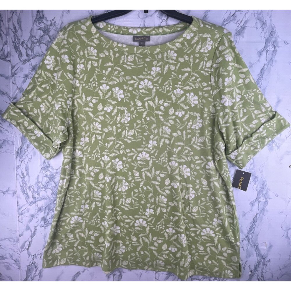 Style & Co. Womens Plus Size 4X Essential Elbow Sleeve Tee Green Floral Cotton